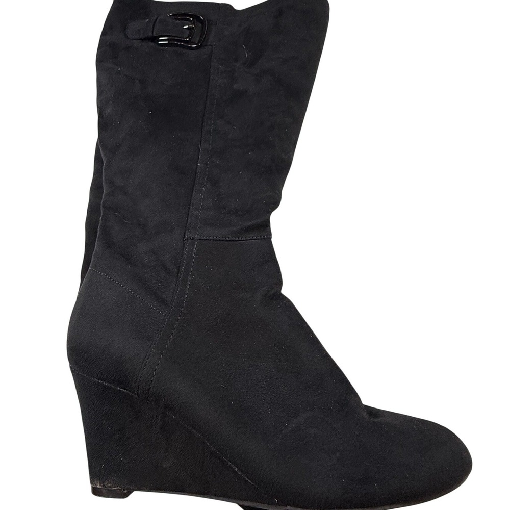Impo Venza Black Faux Suede Wedge Knee‎ High Boots Buckle Detail Women 7M